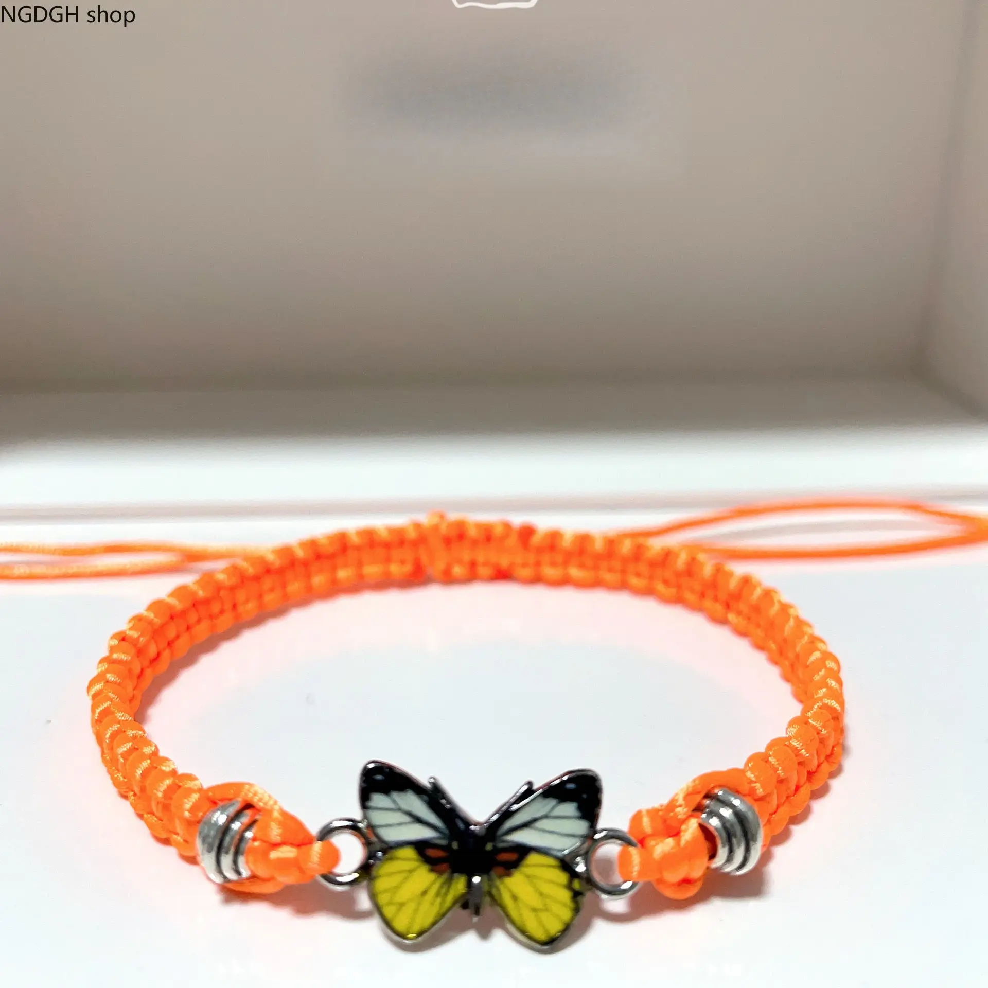 Orange Braided Butterfly Charm Bracelet, Adjustable Drawstring Woven Rope Wristband, Colorful Enamel Insect Jewelry, Summer Vacation Beach Accessory, Sweet Symbolic Gift for Women Teens Kids & Daily Friendship Wear.