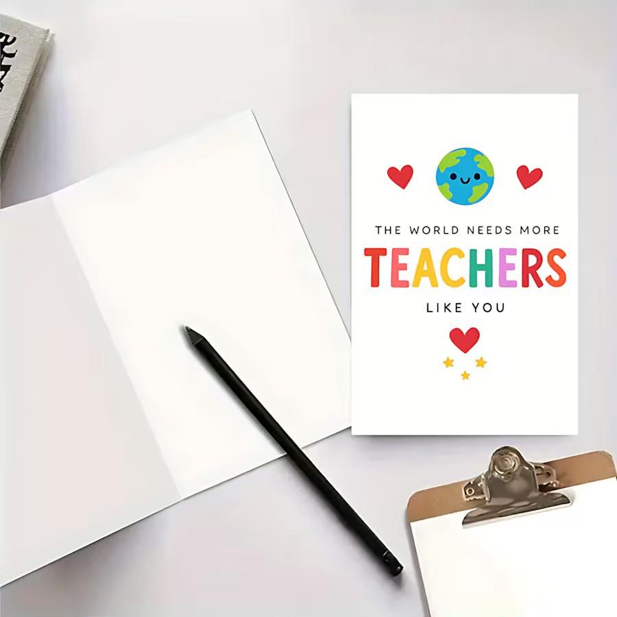 1/3/7pcs Heartwarming Teacher Appreciation Greeting Card, "The World Needs More Teachers Like You" Colorful Design with Earth & Hearts, Perfect Thank You Gift for Educator, Mentor, Professor, Ideal for End of Year, Teacher's Day, Retirement
