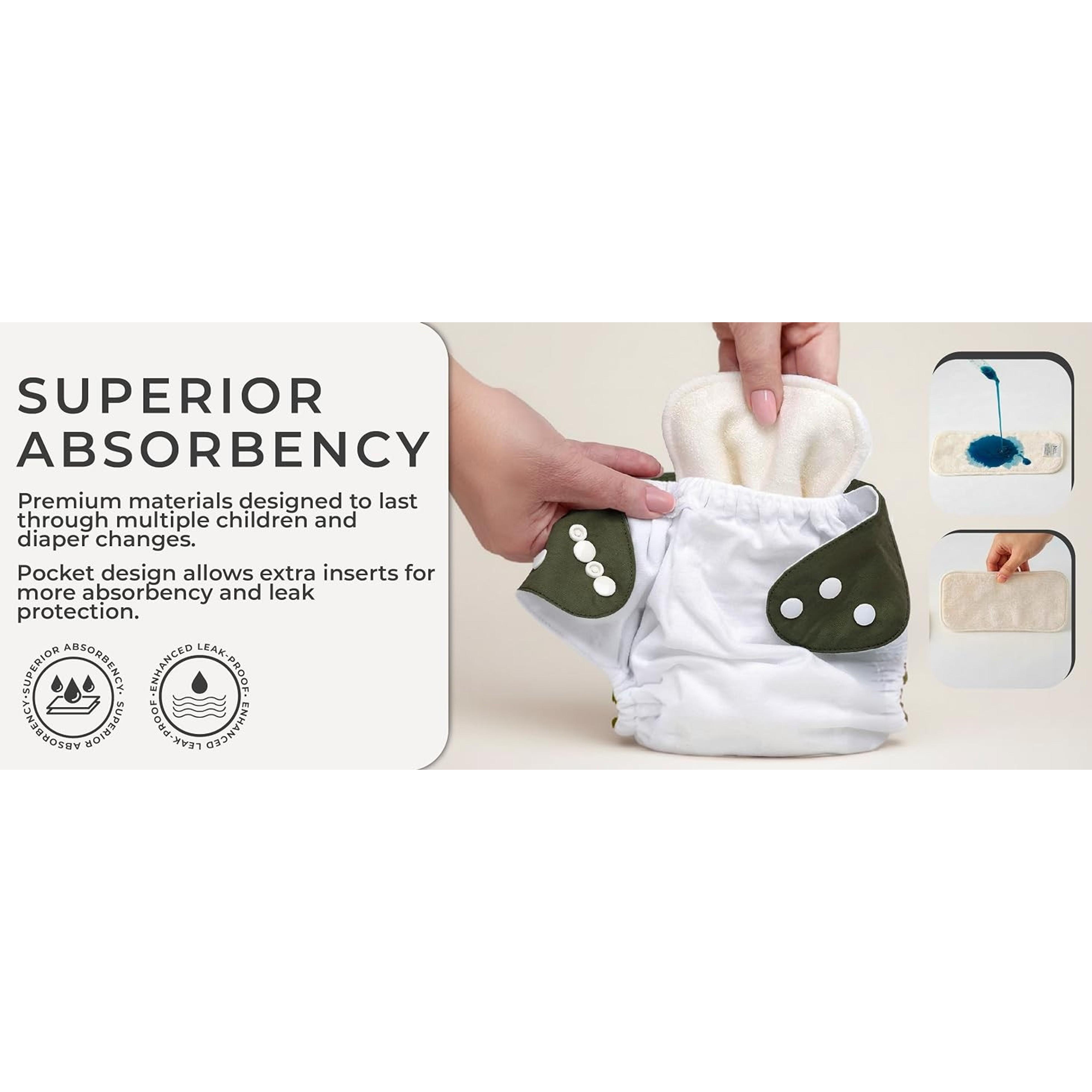 Delilah 7-Piece Reusable Cloth Diaper Set - 7 Inserts, 1 Waterproof Wet Bag, Adjustable One Size Pocket Cover, Washable for Newborns, Seven Pieces