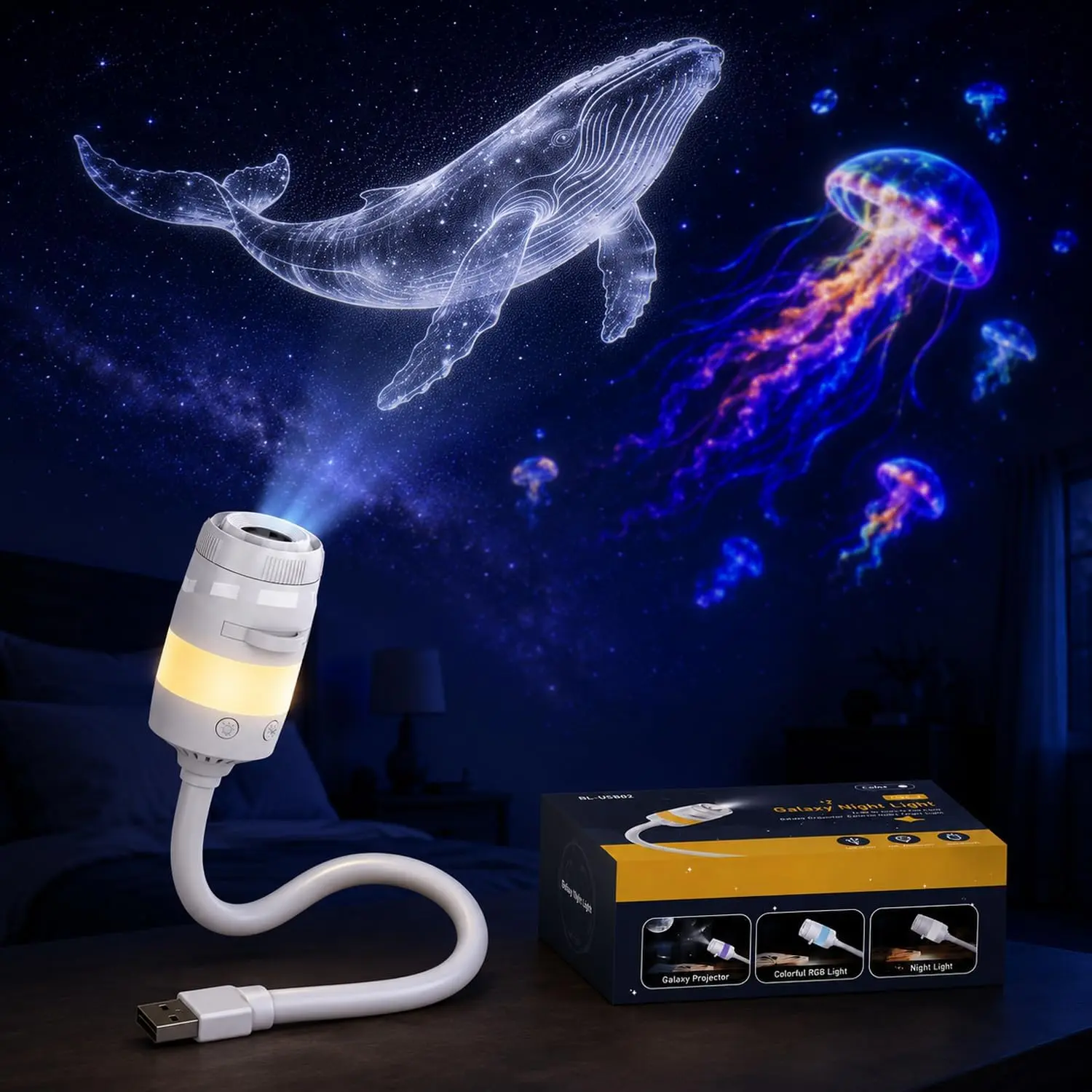 Galaxy Projector Lamp with 13 Projection Slides USB Flexible Gooseneck | Bring space-inspired decor to everyday areas with versatile displays for bedrooms, desks, reading corners, and more.