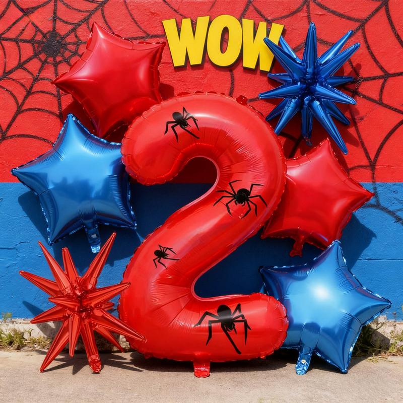 Spider Theme 32 Inch Number Aluminum Balloon with Stickers & Star Balloons, Balloon Party Supplies, Ideal for NewYear, Birthdays, Superheroes, Festivals