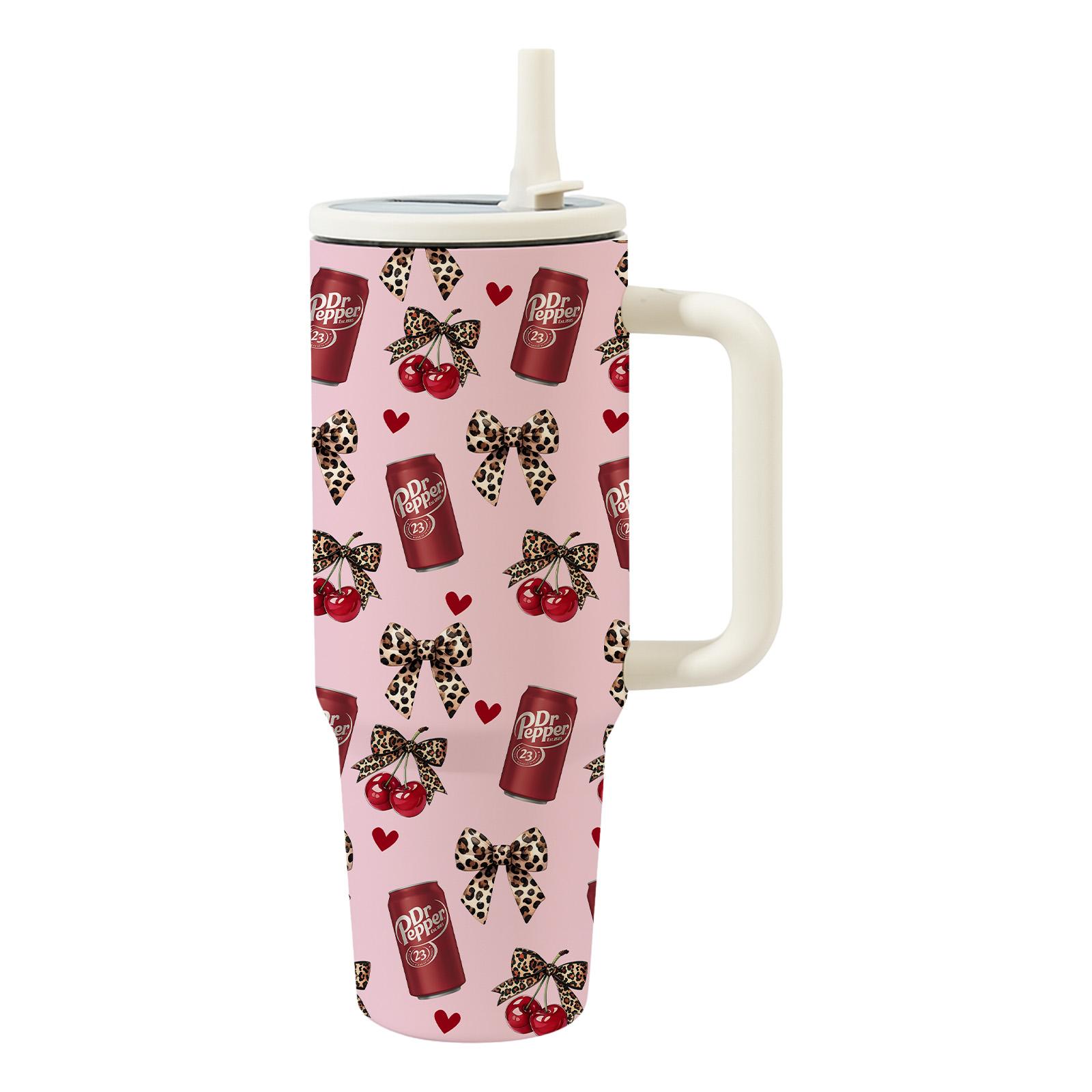 Siphalo 40oz Vacuum Cup with Handle & Straw, Double-Wall Stainless Steel Insulated Tumbler, Tumbler with Lid, Leak-Proof Thermal Mug That Keeps Drinks Hot for 12 Hours & Cold for 24 Hours, Cherry Soda Heart Pattern, Valentine's Day & Birthday Gift
