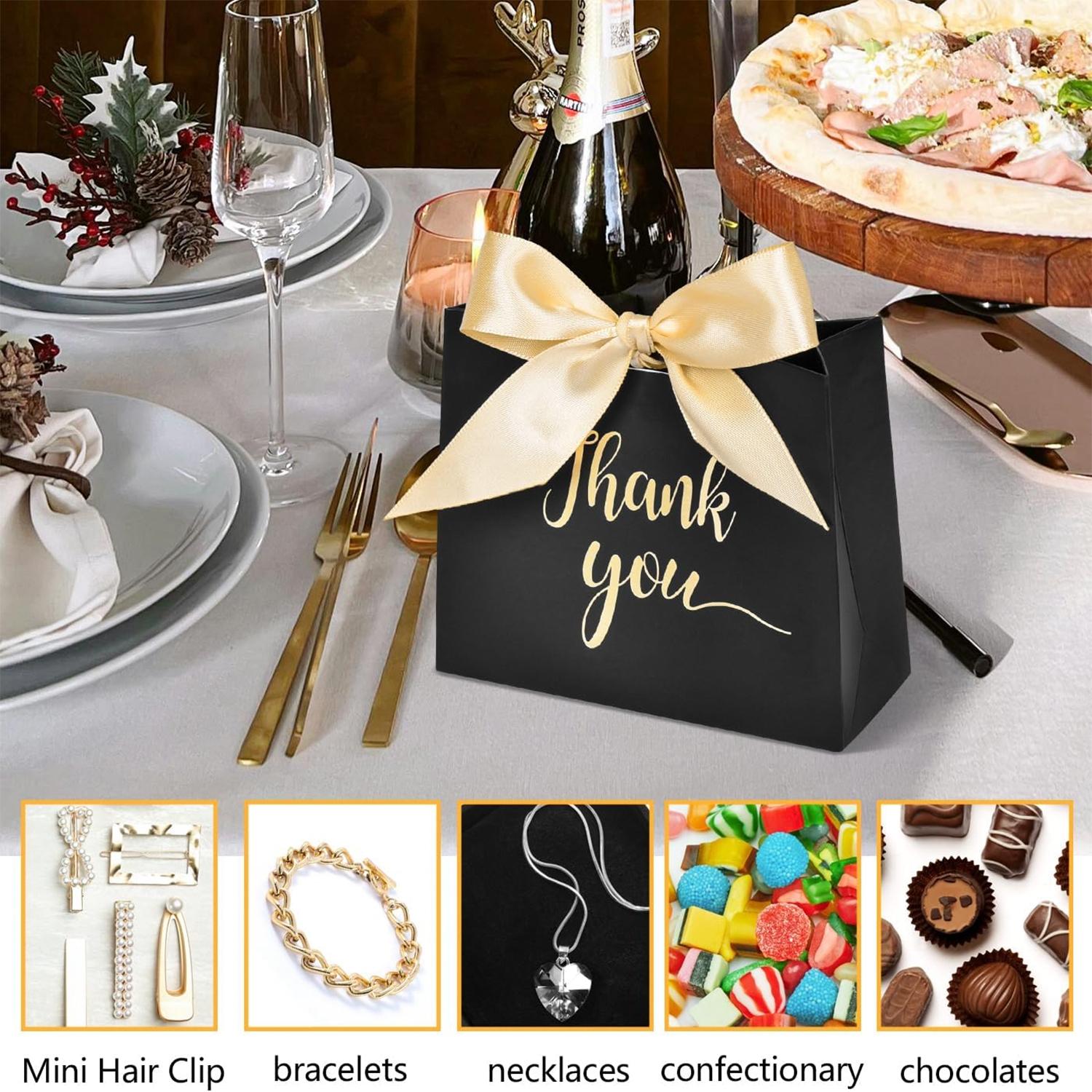 Thank You Gift Bag, 50pcs/set Paper Gift Bag with Ribbon, Party Favor Bag, Mini Candy Treat Bag for Birthday Wedding Party Holiday, Graduation Gift Wrapping