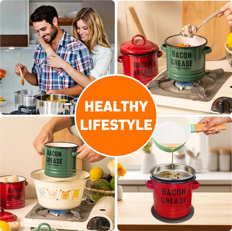 Bacon Grease Container with Strainer & Food-Grade Silicone Spatula& Silicone brush.Keeper, Kitchen Oil Dispenser with strainer & Lid, Olive Oil Dispenser, Bacon Grease Container,Large Enamel Rustic Farmhouse Fat Container. Kitchen Gadgets Clearance