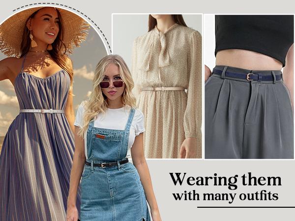 JASGOOD 4 Pack Skinny Women Leather Belt for Dresses Thin Waist Belt with Gold Buckle for Jeans Pants