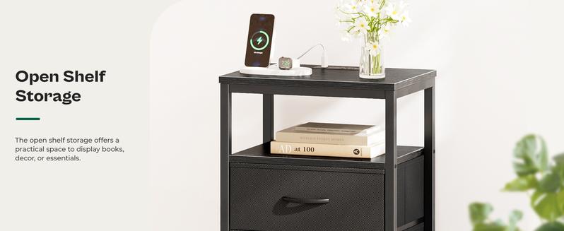 Huuger Night Stand with Charger Station and LED Lights, 3 Drawer Nightstand, Bed Side Table with Open Shelf, Tall Fabric Dresser for Bedroom room decor