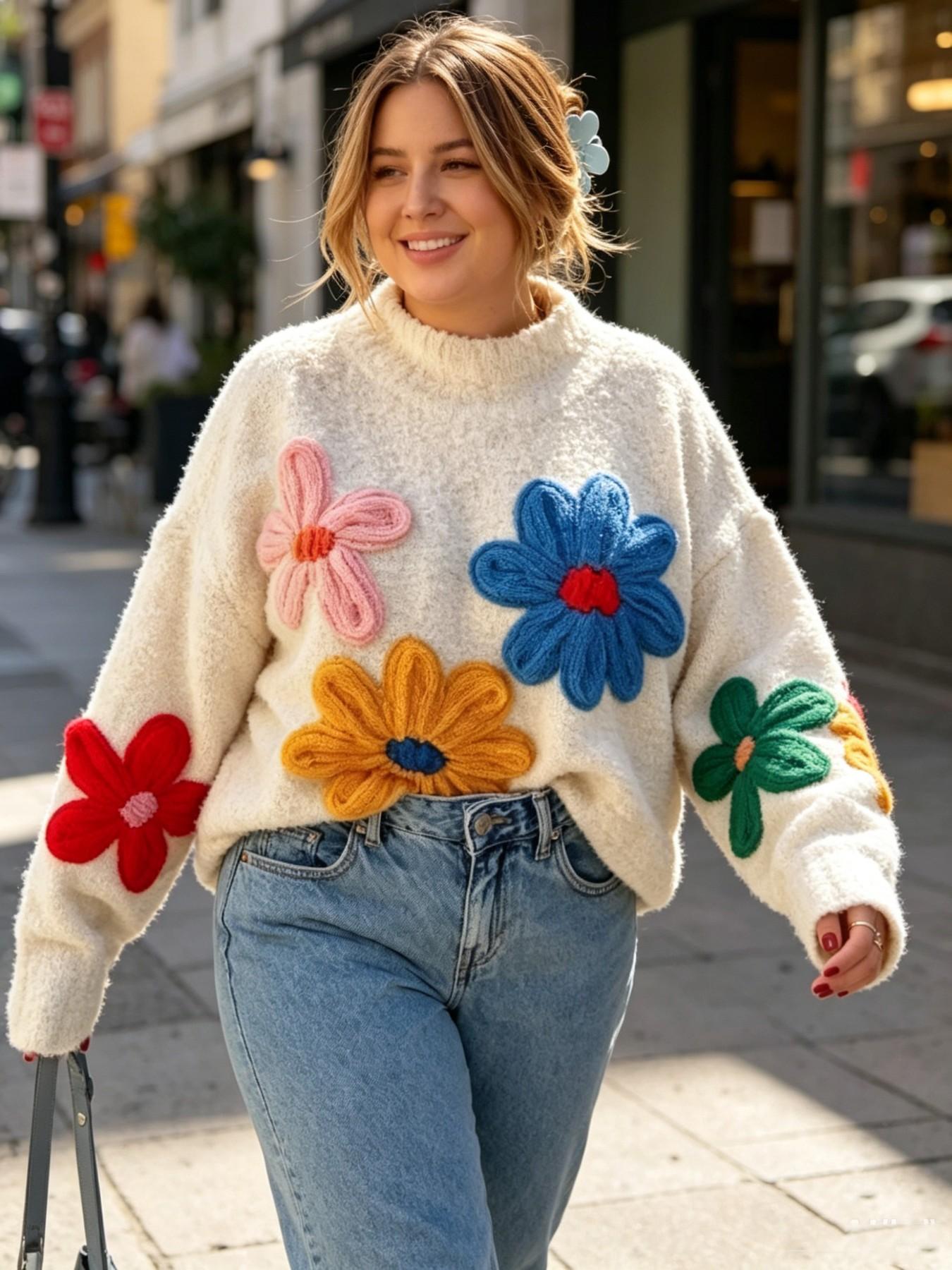 Plus Size Colorblock Floral Embroidered Drop Shoulder Sweater Pullover Knitwear, Casual Long Sleeve Mock Neck Jumper for Fall & Winter, Women's Plus Clothing for Daily Wear