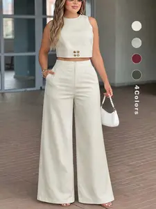 TikTok Viral Spring Summer Womenswear Clothes Two Piece Set for Women, Cropped Sleeveless Top and High Waist Wide Leg Pants, Chic Minimal Outfit for Vacation, Brunch and Day to Night Wear