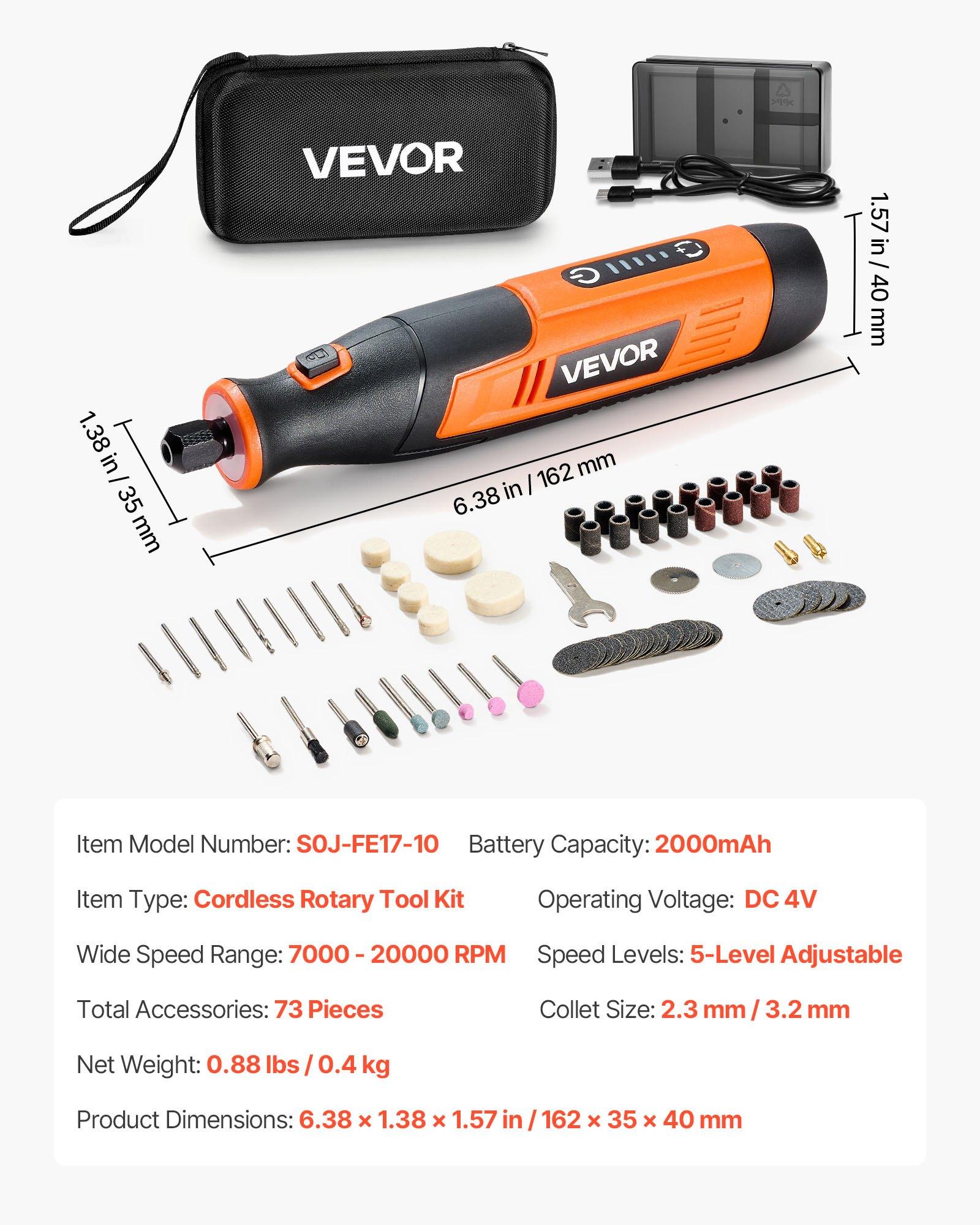 VEVOR 73-Piece 4V Cordless Adjustable Speed Rotary Kit, 6.38x1.38x1.57 in Portable Mini Power Tool with 5-Level 7000-20000 RPM, Fast Charging for Pet Furniture Engraving, Sanding, Cutting, Ergonomic