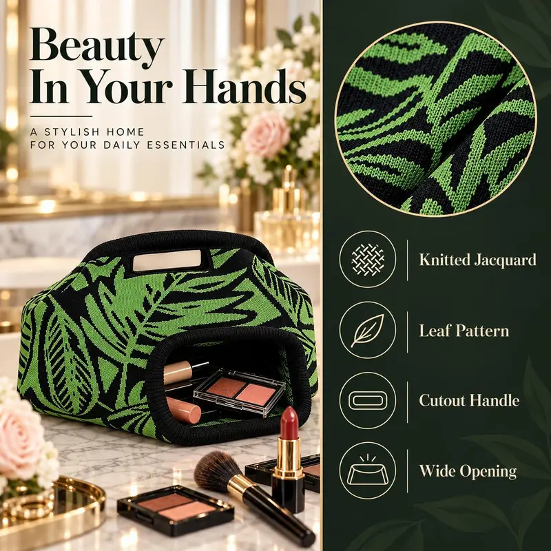 Women’s Green Leaf Cosmetic Bag, Large Capacity Makeup Organizer with Cutout Handle, Knitted Jacquard Travel Toiletry Pouch for Makeup, Skincare, Brushes and Daily Essentials, Portable Beauty Storage Bag for Women, Vacation and Home Women’s Green Leaf Cosmetic Bag, Large Capacity Makeup Organizer with Cutout Handle, Knitted Jacquard Travel Toiletry Pouch for Makeup, Skincare, Brushes and Daily Essentials, Portable Beauty Storage Bag for Women, Vacation and Home