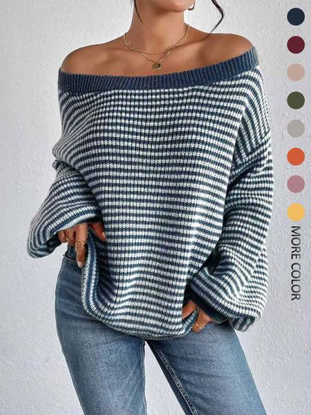 Women's Striped Drop-Shoulder Sweater, Casual Bishop Sleeve Boat Neck Jumper for Daily Outdoor Wear, Ladies Knitwear for All Seasons, Womenswear, Tops