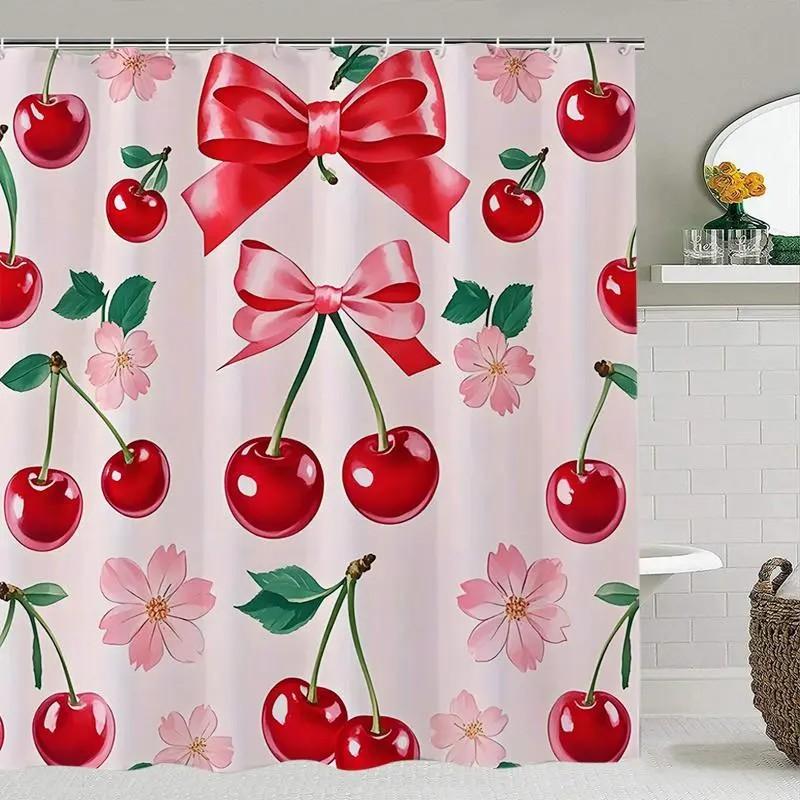 Cherry bow pattern shower curtain set, non-slip mat, U-shaped rug, toilet seat cover, perfect for bathroom decoration accessories, beautifies the space, includes 12 shower curtain hooks.