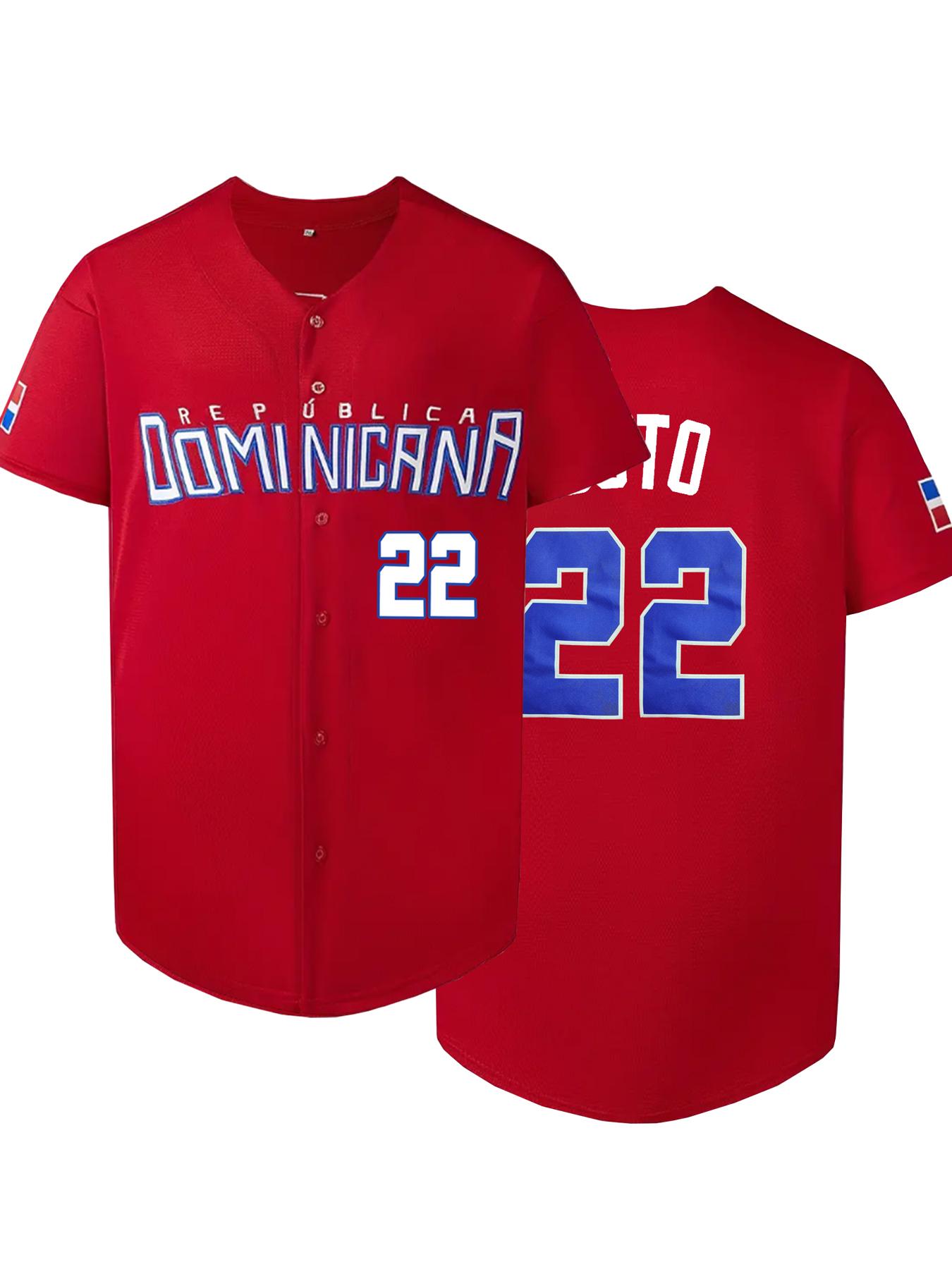 Men's Letter & Number Stitched Button Front Baseball Jersey, Stylish Jersey, Casual Loose Short Sleeve V Neck DOMINICANA 22 Baseball Top for Fall & Winter, Baseball Christmas Gifts