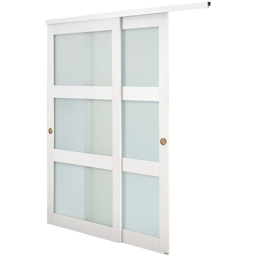 VEVOR 72"x80" Bypass Sliding Door, Double 37" Panels, 3-Lite Frosted Glass, Solid Wood MDF Slab with Waterproof PVC Surface, Hardware Kit & Floor Guide for Closets, Bedrooms, Frost Glass