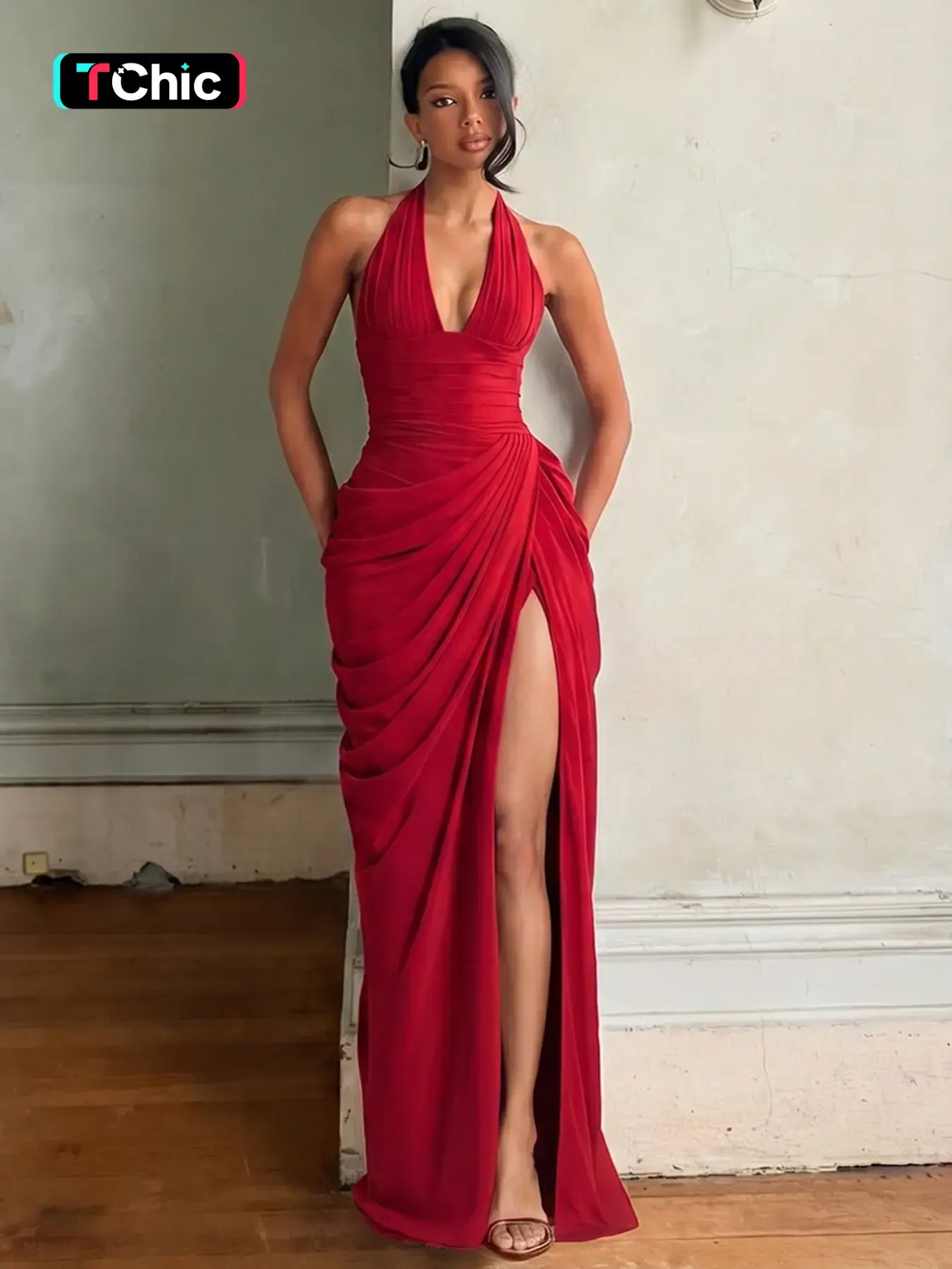 Hawthaw Women's Solid Color Ruched Split Thigh Tie-back Bodycon Halter Dress, Halter Neck, Sleeveless Backless Side Slit Lace-up Slip Dress, Party Club Date Dinner Evening Gowns Formal Dress, Ladies Summer Fashion Long Dresses