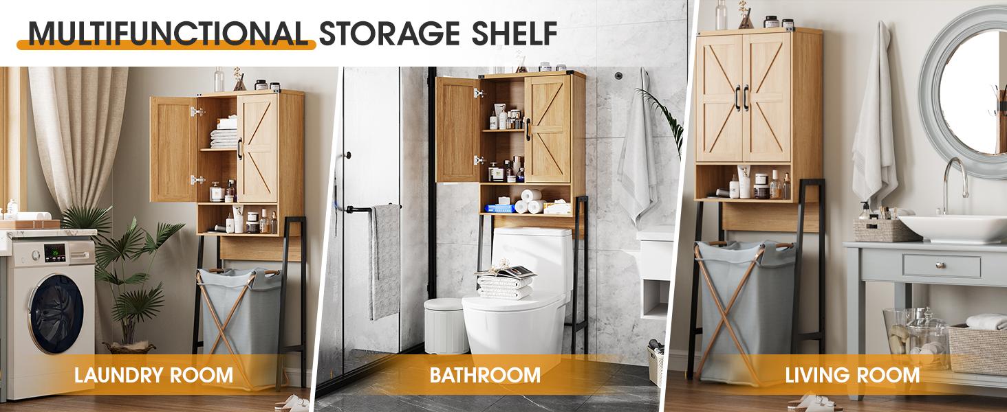 Vabches Over Toilet Storage with 2-Door Design Over The Toilet Storage Cabinet with Shelves Bathroom Organizers and Storage with Anti-Tip Device Over Toilet Organizer for Bathroom,Restroom,Laundry