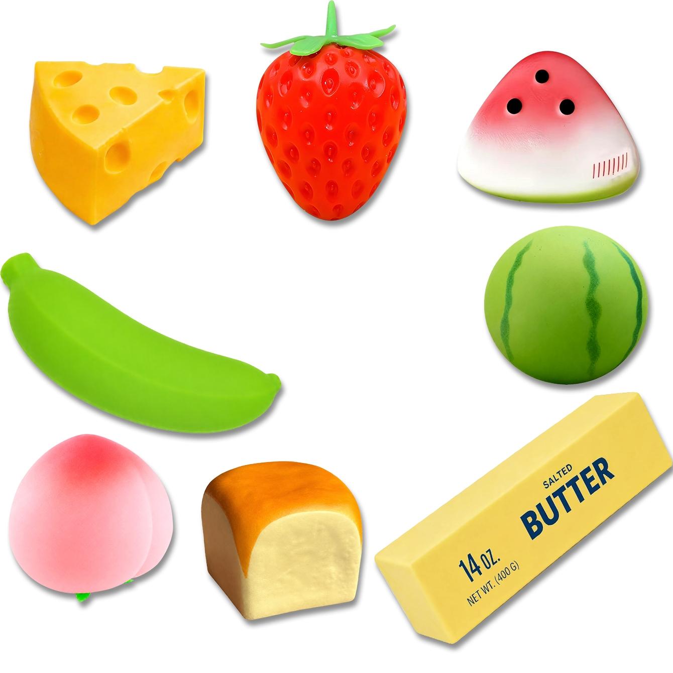 3/4/6/8PCS Stress Relief Fun Toy Set, Sensory Stress Reliever, Squeezable Sensory Combo Pack, Squishy Fidgets, Cheese Strawberry Banana Butter Stick Watermelon Peach Toys, Kids Party Gift