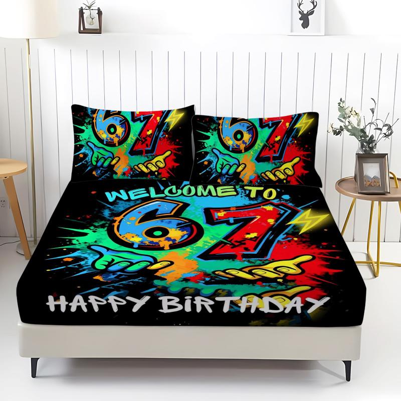 67 "six sev" printed pattern bed sheet set of 3 pieces, including 1 bed cover and 2 pillowcases, all season mattress protection cover, bed sheet, soft and comfortable deep mouth design, breathable bedding, bedroom and guest room decoration, detachable