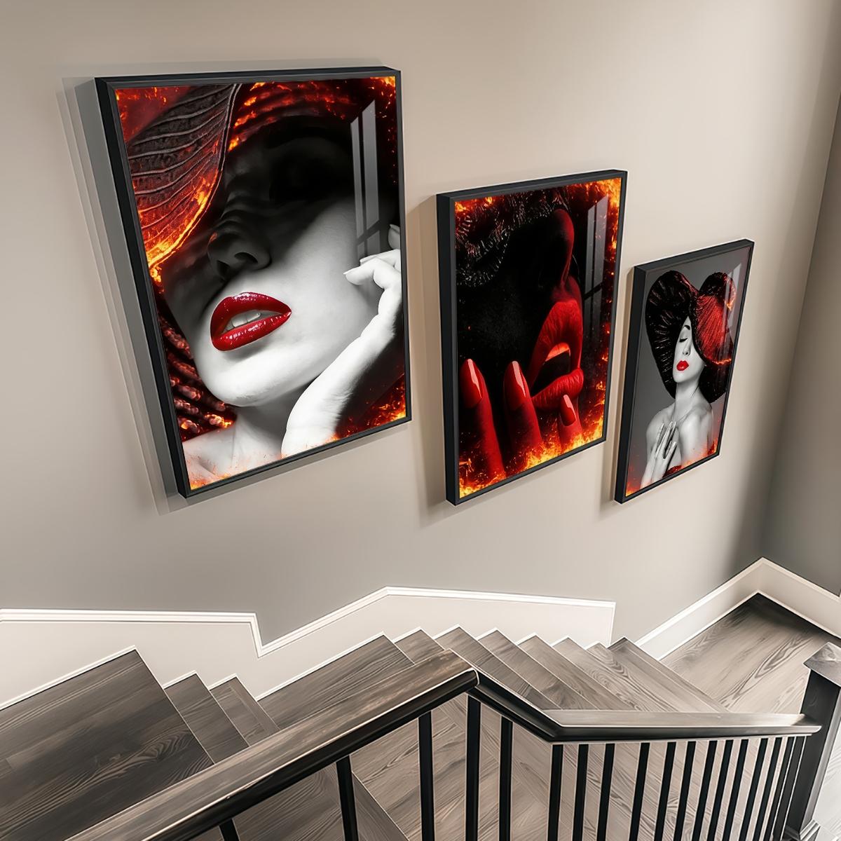 3 Counts Aluminum Alloy Framed Painting, Abstract Red Lips And Black Hat Lady Pictures, Home Decoration For Living Room, Bedroom, Office, Restaurant, Hallway Wall Decor, Odorless Print Artwork, Luxury Perfect Gift For Friends And Family