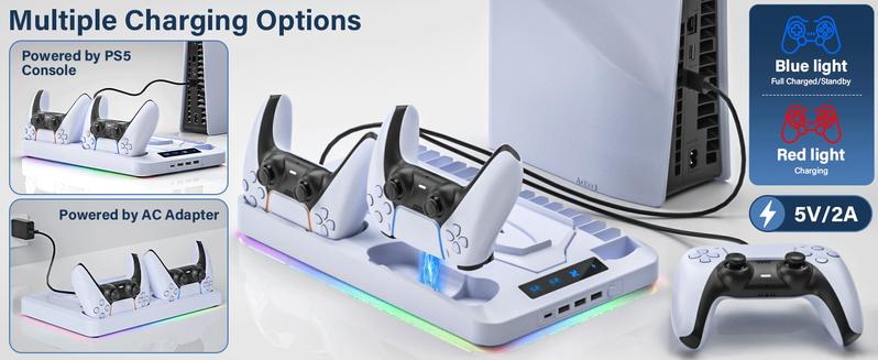 2025 Upgraded Cooling Station for PS5/Slim Console with Dual PS 5 Controller Charger,Dual Tubor Fan,3 USB Hubs