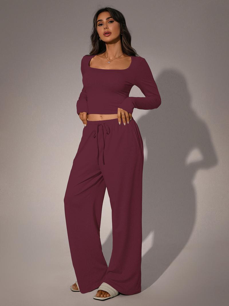Women's 2 Piece Matching Lounge Set, Square Neck Long Sleeve Crop Top, High Waisted Wide Leg Drawstring Pants, Casual Sweatsuit