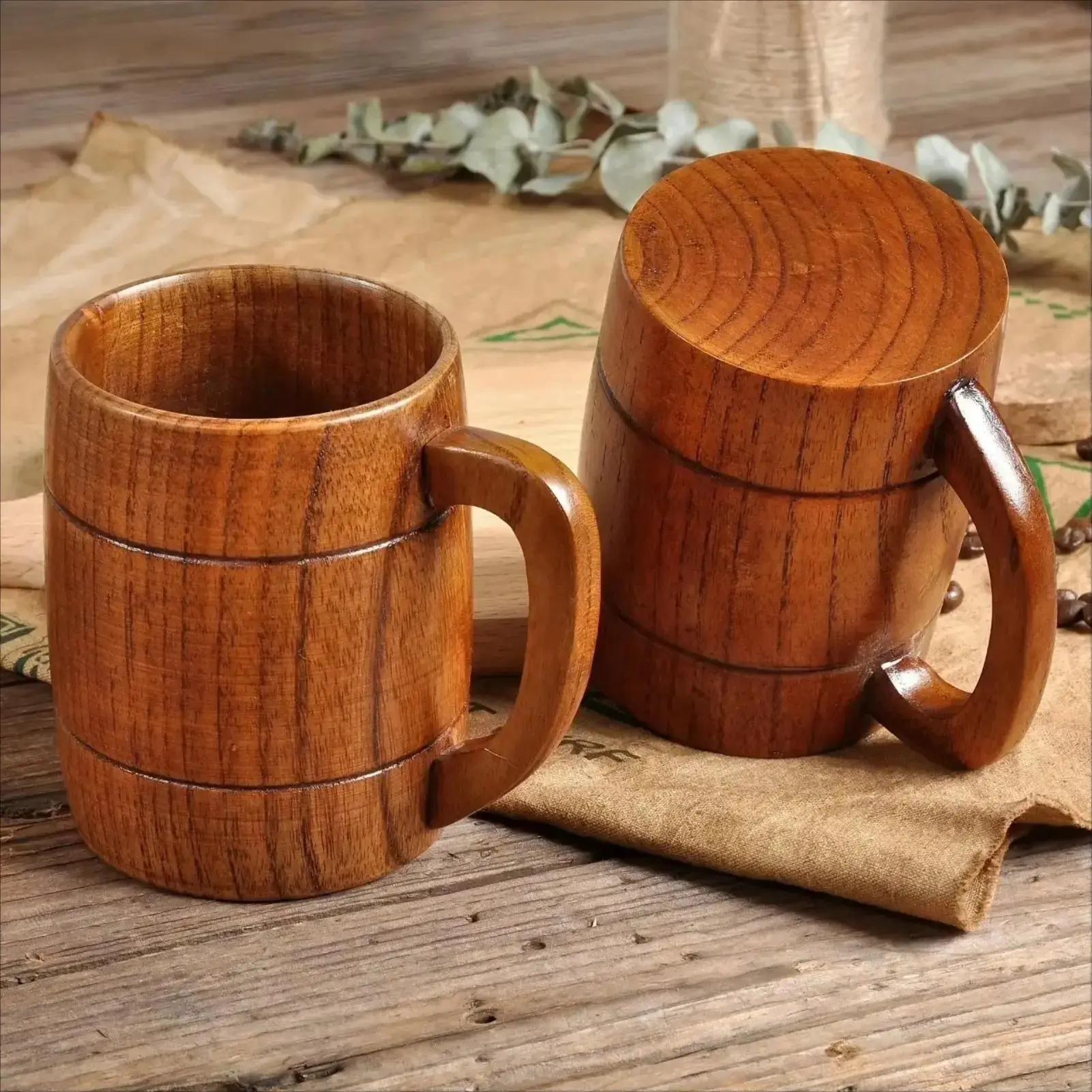 Handcrafted Barrel‑Shaped Wooden Mug, Natural Wood Grain Heat‑Resistant Insulated Coffee Cup, Vintage Wooden Drinkware with Handle, Ideal for Hot Beverages, Home Kitchen Decor, Daily Drinking & Unique Gift Choice