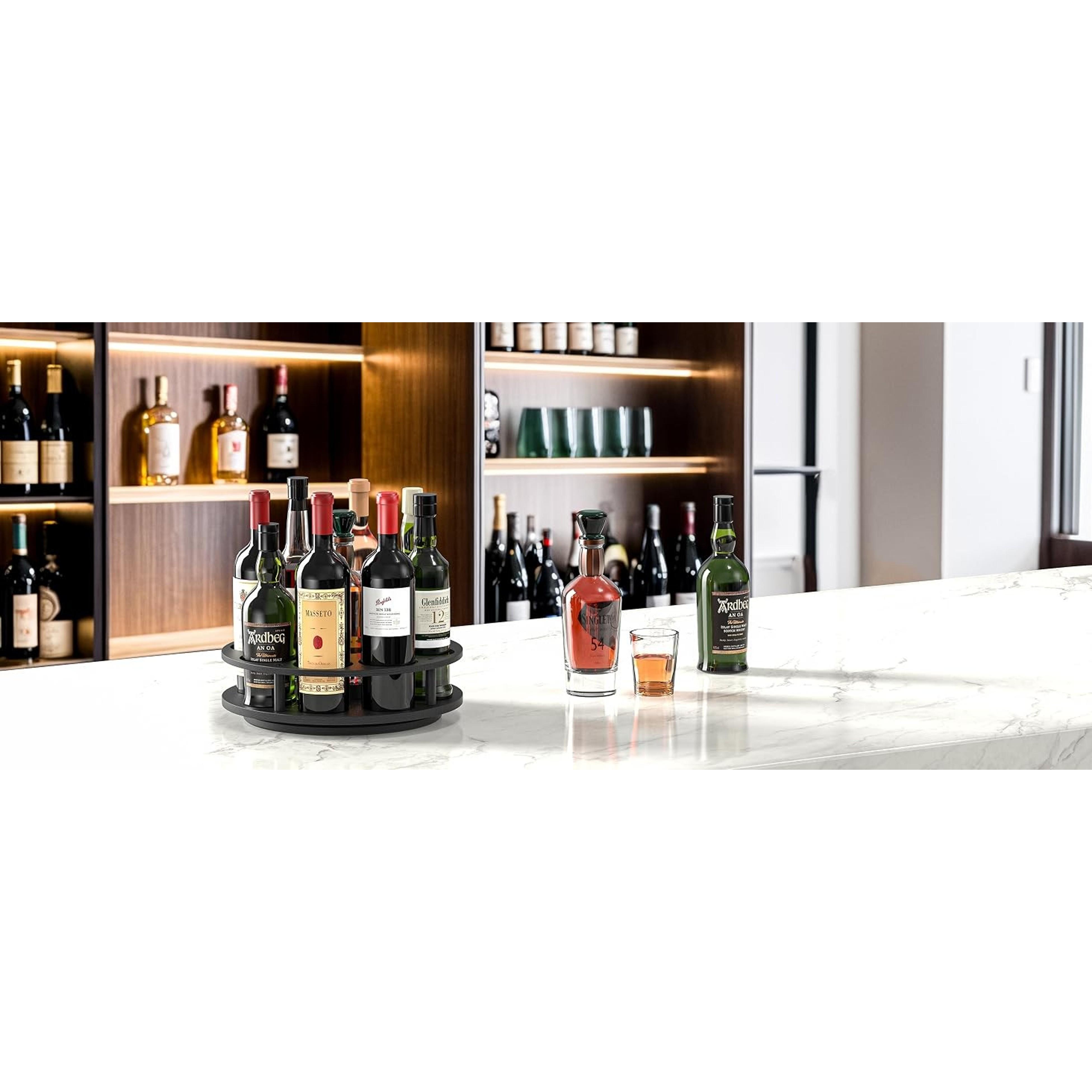 Rotating Coffee Syrup Organizer for Countertop, 9-Bottle Wooden Syrup Rack & Bottle Holder for Coffee Bar Station, Turntable Display Stand, Black