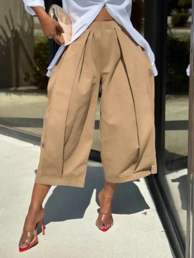 Women Elastic Waist Wide Leg Cropped Pants, Solid Color Loose 9‑Ankle Length Trousers With Pockets, Casual Daily Summer Palazzo Pants