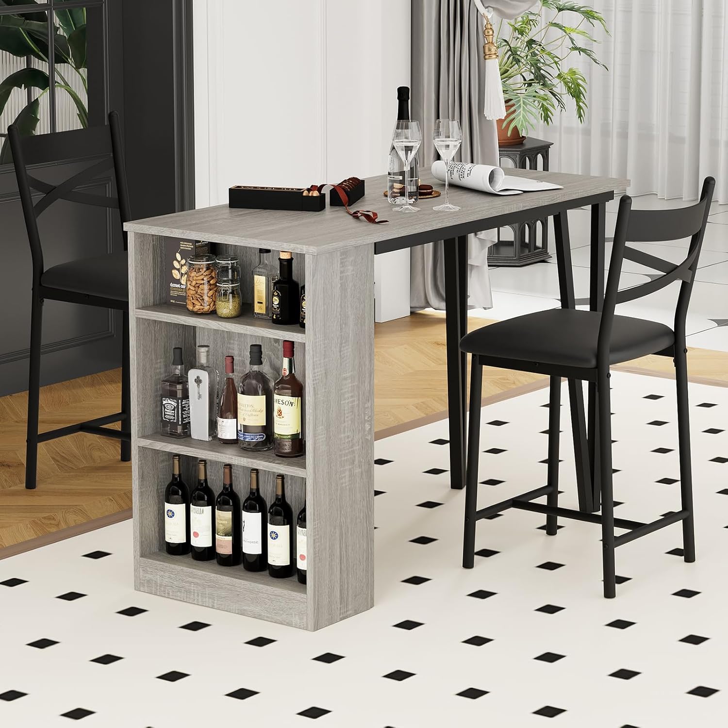 3-Piece Dining Table Set, Counter Height Kitchen Table Set for 2 with 3 Storage Shelves, Expandable Bar Table with 2 Cushioned Chairs for Small Spaces, Apartment 3-Piece Dining Table Set, Counter Height Kitchen Table Set for 2 with 3 Storage Shelves, Expandable Bar Table with 2 Cushioned Chairs for Small Spaces, Apartment
