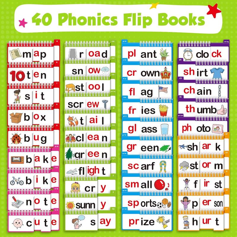 40 Phonics Word Family Build Book, Read and Rhyme Flip Book,Phonics Flash Cards, Learn to Read Phonics Games, Sight Word Flash Cards for Learning Activities