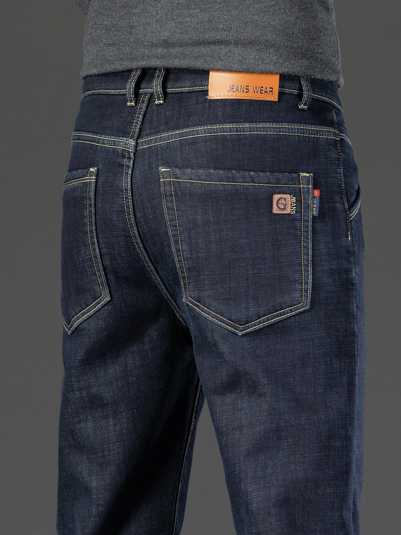 Men's Fleece Lined Denim Jeans, Loose Straight Leg Long Pants, Warm Fashionable Winter Washed Jeans, Casual All-Season Wear