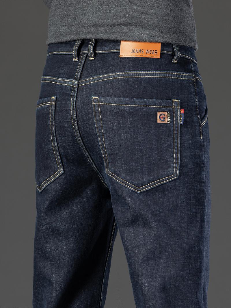 Men's Fleece Lined Denim Jeans, Loose Straight Leg Long Pants, Warm Fashionable Winter Washed Jeans, Casual All-Season Wear