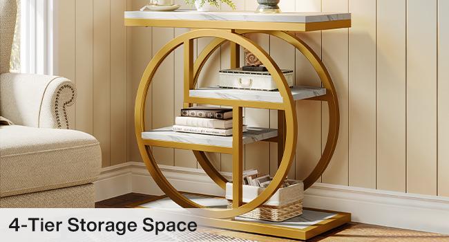 LITTLE TREE End Table for Living Room, Modern Faux Marble Narrow Side Table with Storage Shelves, 4-Tier Bedside Table for Bedroom, Small Sofa Side Table with Geometric Metal Frame circle base