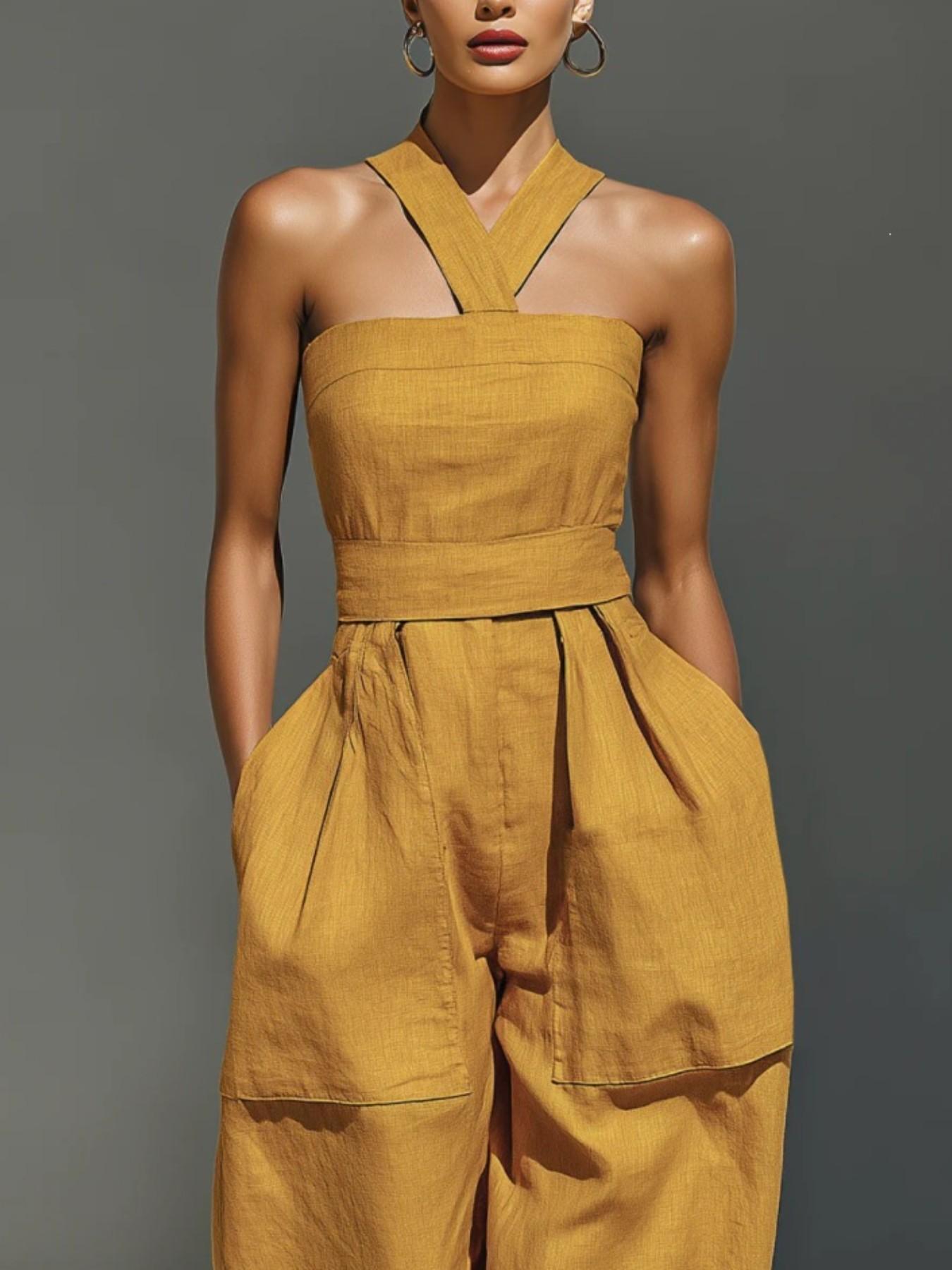 2026 Summer New Solid Color Cross Halter Neck with Pockets Loose Fit Women's Romper, Stylish and Comfortable One-Piece