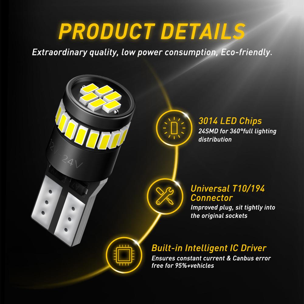 AUXITO 194 LED Light Bulb 6000K White/ Blue/Yellow /Red 168 2825 W5W T10 Wedge 24-SMD 3014 Chipsets LED Replacement Light Kit Error Free for Car Interior Dome Map Door License Courtesy Dash Lights, Pack of 10