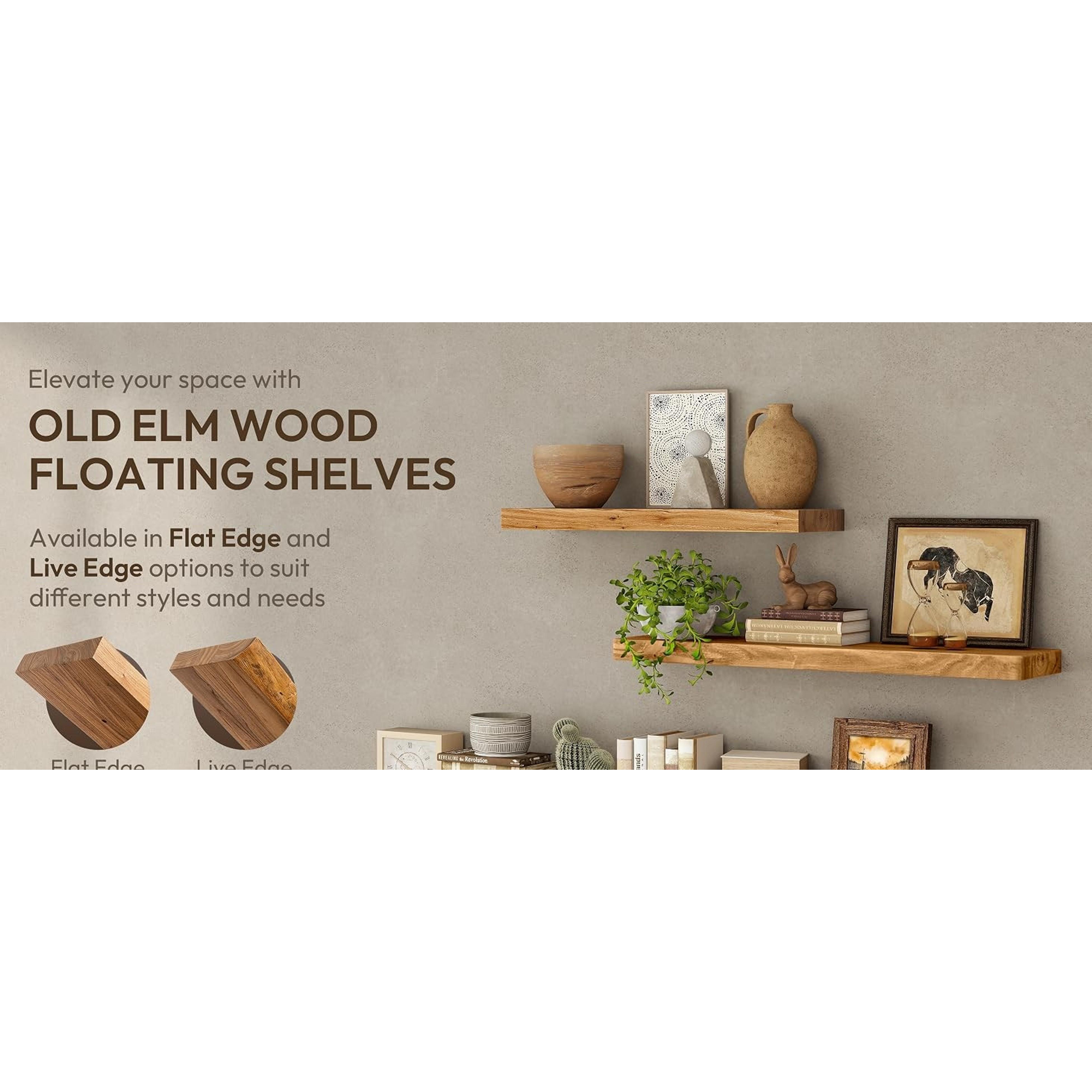40-in Solid Elm Wooden Floating Shelf with Invisible Bracket - Rustic Minimalist Walnut-Tone Wall-Mounted Shelf for Bathroom, Living Room Decor, 1 Pack, Installation
