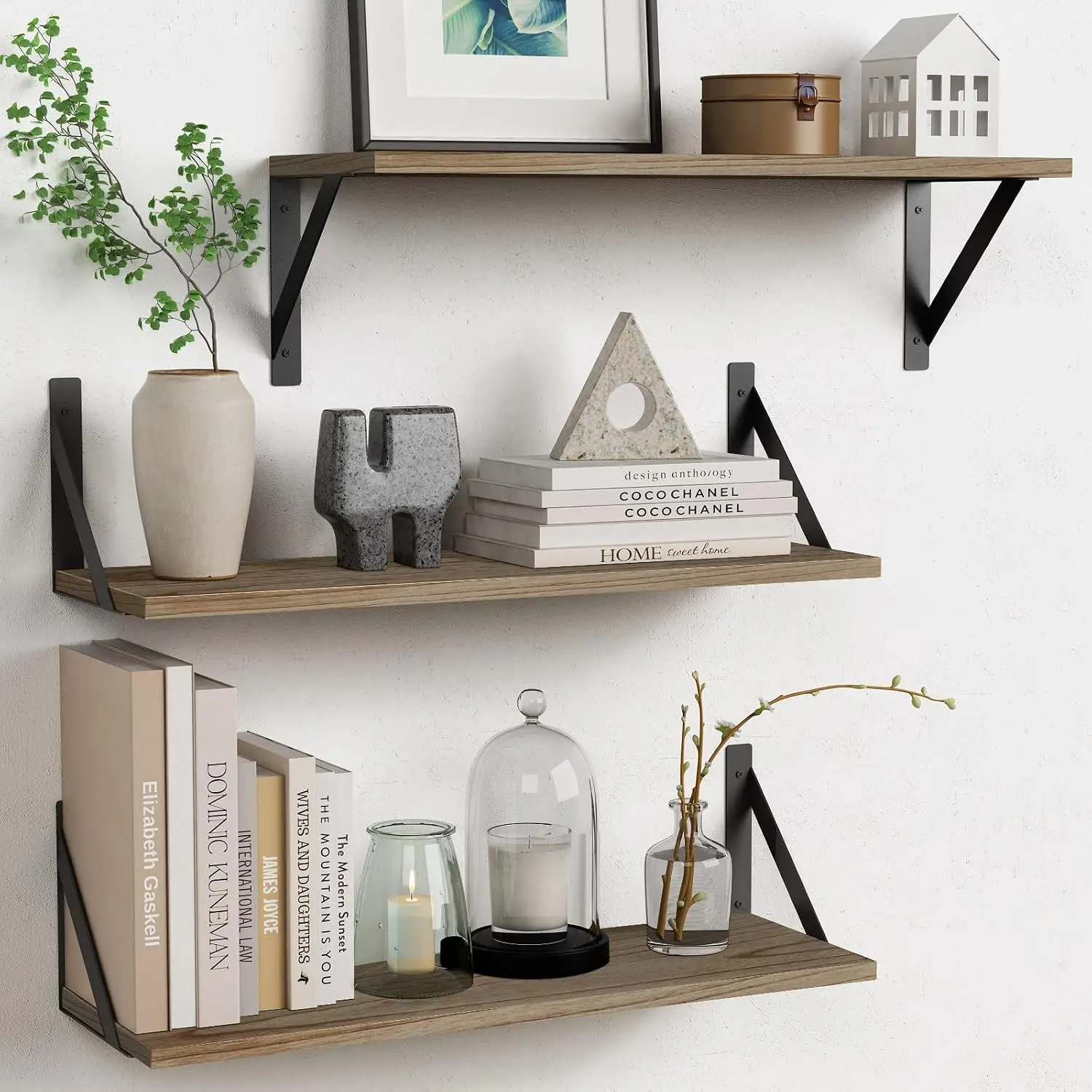 Wood Floating Shelves for Wall 24 inches Long, Large Bathroom Hanging Shelves Set of 3, Wall Mounted Storage Shelf for Bathroom Bedroom Living Room Kitchen Closet (Natural Wood)