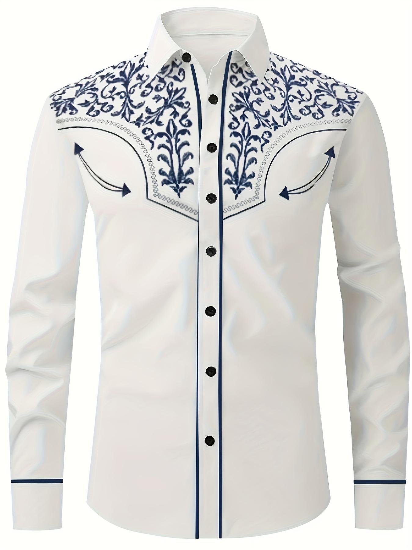 Men's Blue Pellis Pattern Long Sleeved Lapel Shirt, Autumn Business Casual Wear, Fitted Ethnic Design, Spring & Fall Fashion Top