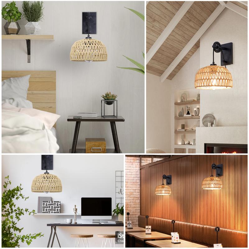 GLITGATE Boho Plug-in Wall Sconce without Bulbs for Livingroom,Hand-woven Rattan Wall Lamp With Adjustable Height,Wall Mounted Night Light,Bedside Wall Lamps for All E26 Bulbs for Bedroom,Living Room Decor (Bulbs Not Included)