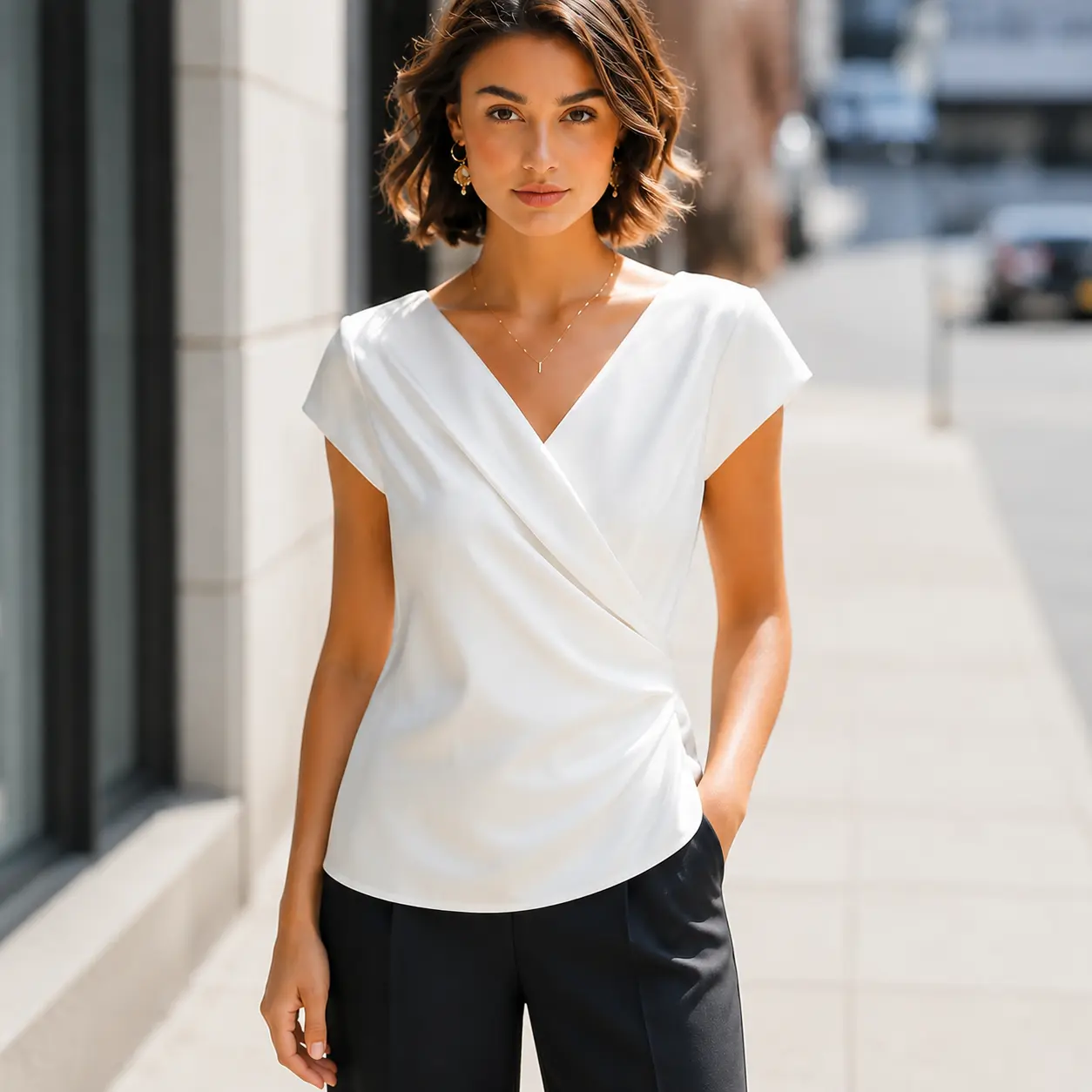 Women's Tops and Blouses, White V Neck Wrap Pleated Short Sleeve Blouse for Women, Flowy Top, Basic Tops, Cute Tops for Women, Stylish Women's Wear, Cute Casual Tops, Everyday Tops, Going Out Chic Tops, Dressy Tops, Classy Summer Tops, Work Clothes Women