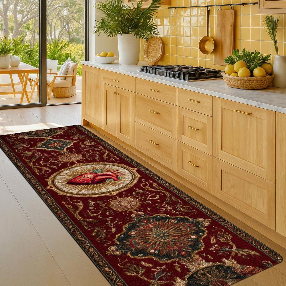 1PC， Wine - red Carpet with Heart Pattern strip rugs, home décor, bathroom mats, entryway mats, bathroom non-slip mats, indoor entrance rugs, bedroom bedside mats, kitchen mats, hallway rugs, flannel sponge rugs, hallway runner rugs