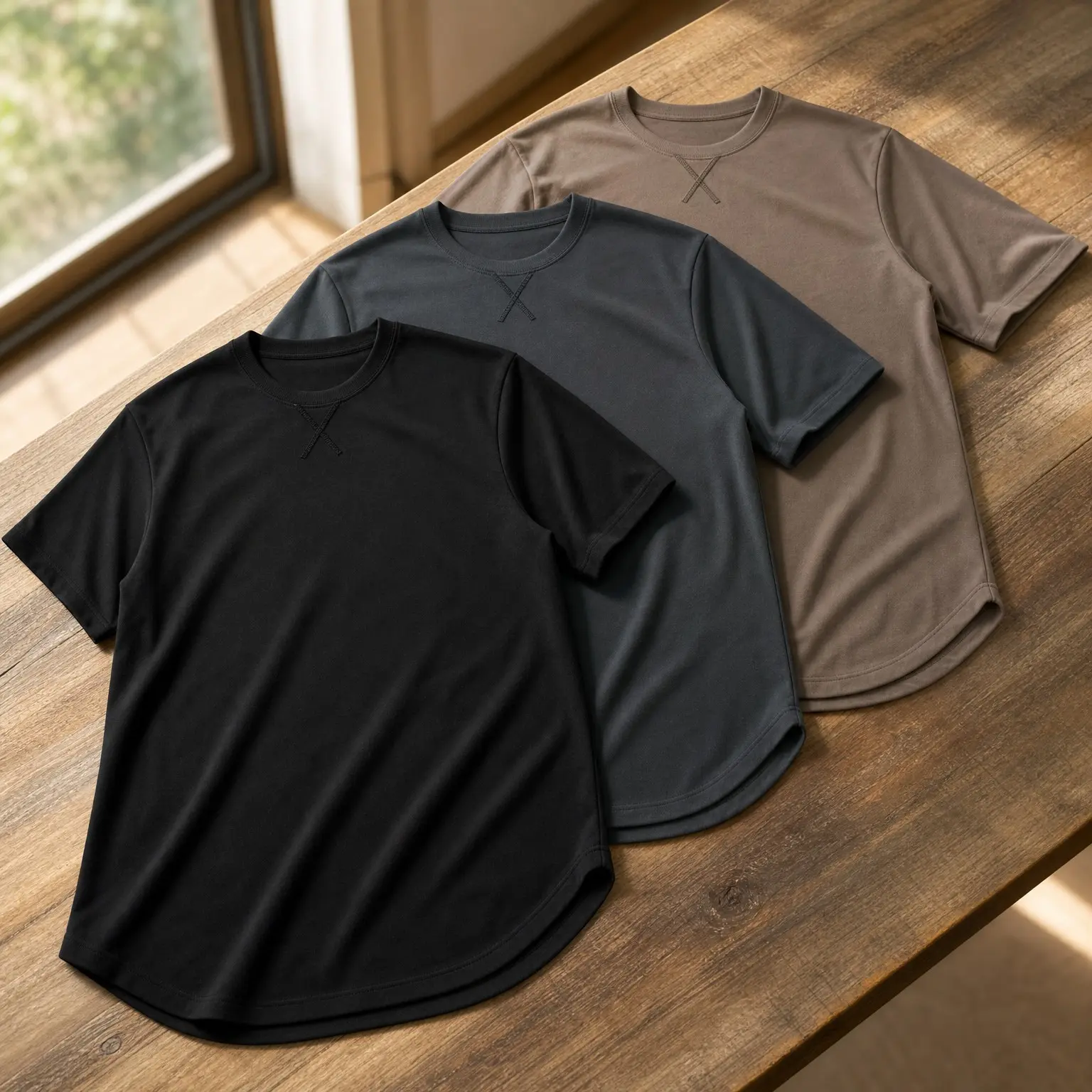 Men's 3 Pack Cotton Hipster Longline T-Shirts Curved Hem Plain Hip Hop Short Sleeve Tee Fitted Casual CrewneckGift
