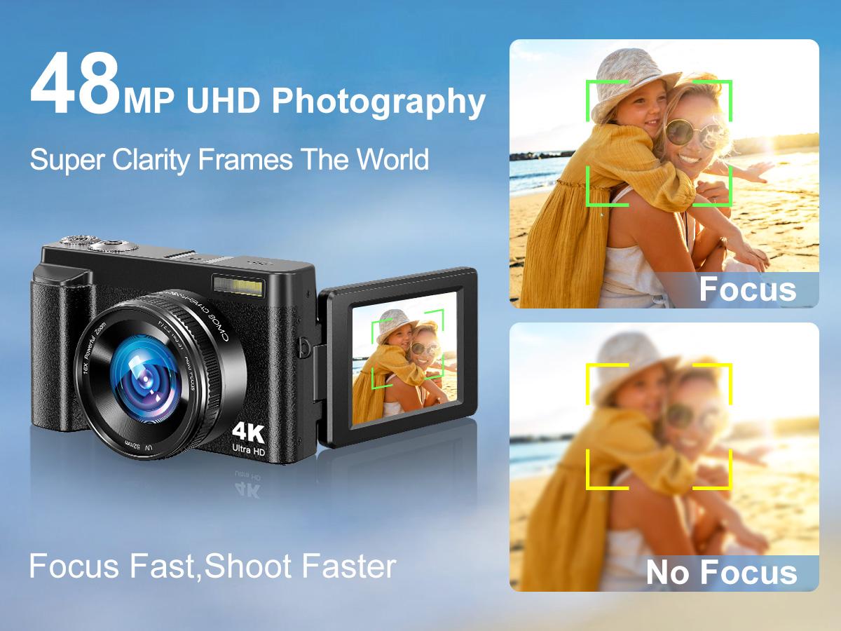 4K 48 MP Vlogging Digital Camera, Compact 16x Zoom Camera with 3.0-inch Flip Screen and 32 GB SD Card