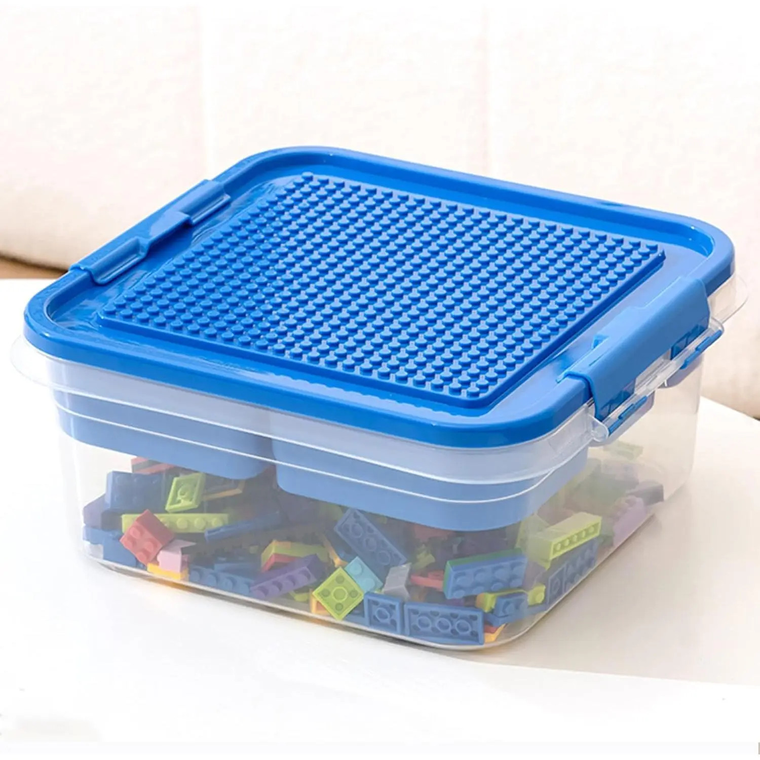 Clear Blue Double-Layer Toy Storage Organizer Bin with Building Baseplate Lid, 4 Removable Trays for Building Blocks, Crafts, Beads & Small Pieces