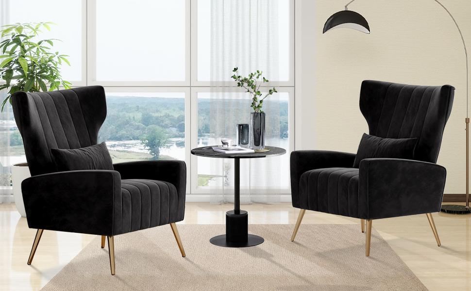 Velvet Accent Chair Wingback for Living Room, High Back Arm Chair with Golden Legs Lumbar Pillow, Upholstered Single Sofa Bedroom Beige