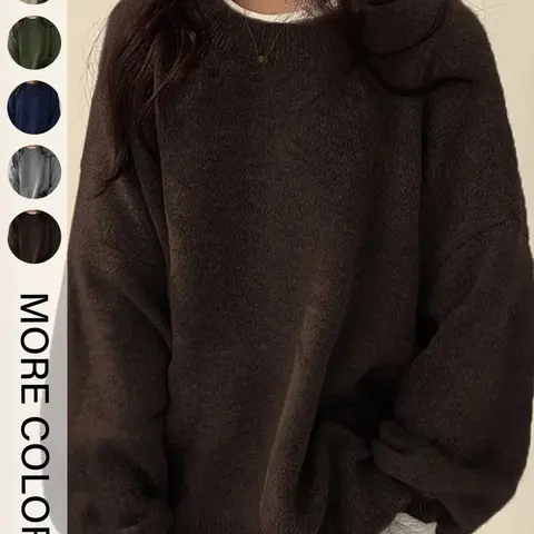 Women's Drop Shoulder Split Hem Loose Fit Baggy Sweater, Casual Basic Minimalist Long Sleeve Round Neck Jumper, Women's Knitwear Top for Fall & Winter, Sweaters for Women Womenswear, Knitwear Pullover