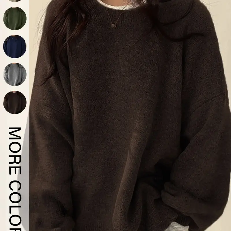 Women's Drop Shoulder Split Hem Loose Fit Baggy Sweater, Casual Basic Minimalist Long Sleeve Round Neck Jumper, Women's Knitwear Top for Fall & Winter, Sweaters for Women Womenswear, Knitwear Pullover