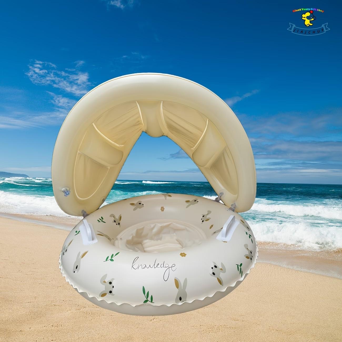 Bear & Rabbit Design Kids Swim Ring with Sun Canopy & Handles, INS Style Cute Inflatable Float, Sunshade Baby Swim Ring & Floating Mat, Perfect for Beach Trips & Pool Parties