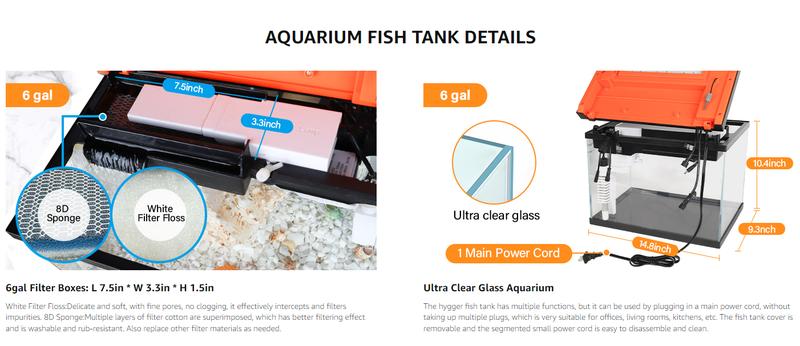 Christmas Gifts hygger 6 Gallon Smart Aquarium Starter Kit, Glass Fish Tank with Auto On/Off 24/7 Mode Light,Heater,Water Pump,Filter Media,Auto Feeder,Water Changer,Cleaning Gloves,Fish Net,Local Time/Timing Set
