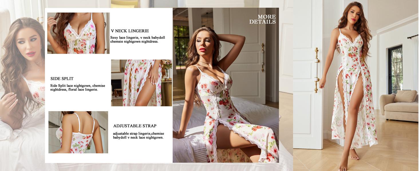 Avidlove Women's Lace Nightgown Floral Mesh Chemise with V-Neck & Side Splits Fitted Loungewear for Comfortable Wear Soft Lightweight Lingerie - Drop Shoulder Nightdress SpringStatements
